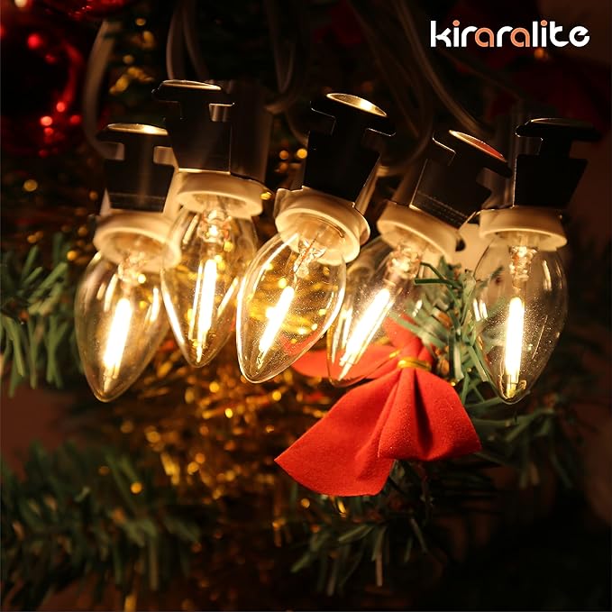 C7 String Bulbs Christmas Village Light Accessory Cord 5 Base with 5 LED Light Bulb Universal Clip White Cord with On/Off Spare Fuse Switch Plugs for Decorations Christmas Village House