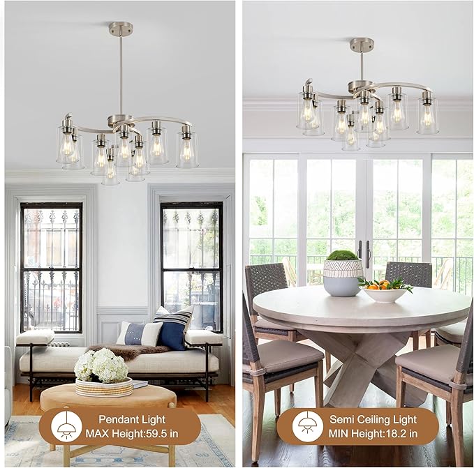9-Light Brushed Nickel Kitchen Light Fixtures ，29.5" Large Chandeliers for Dining Room， Modern Dining Table Light Fixture，Metal Bracket Pendant Lighting with Downward Clear Glass Shade