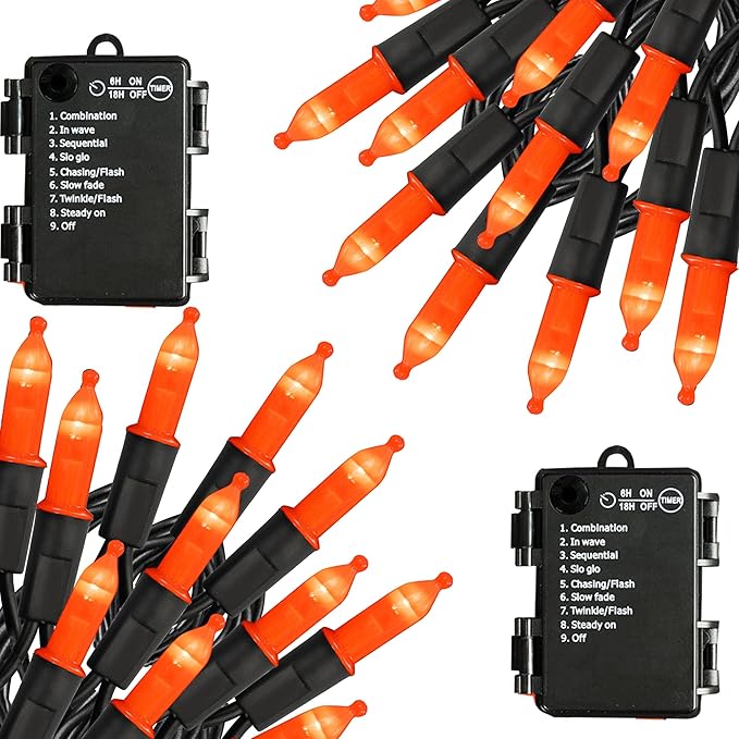 Battery Operated Halloween Lights, 2 Pack 50 LED 16FT Orange String Lights Outdoor, Waterproof Mini String Tree Light with 8 Modes, Halloween Decorations for Indoor Patio Garden Party Decor