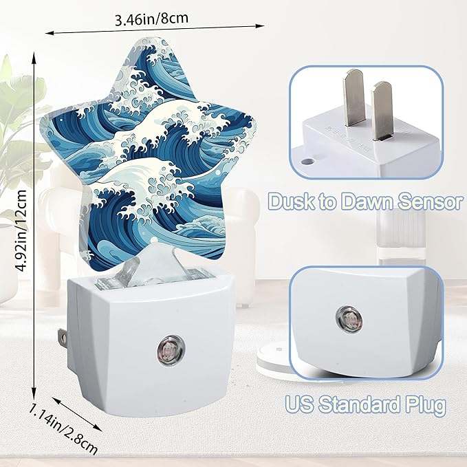 Japanese Sea Waves Nightlight,The Great Wave Star Night Lights Plug into Wall Decorations for Bedroom Bathroom,Dusk to Dawn Sensor Kitchen Hallway Stairs Energy Efficient Desk Lamp