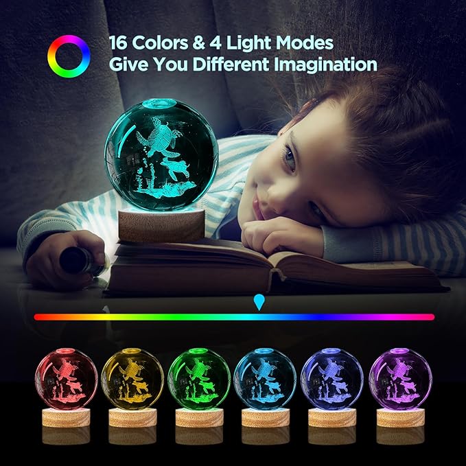 3D Sea Turtle Crystal Ball Night Light with 16 Color LED Wooden Base, Large 3.15 Inch Sea Turtle Glass Ball Lamps with Remote Cool Birthday Christmas Turtle Decor Gifts for Boys Girls Friends