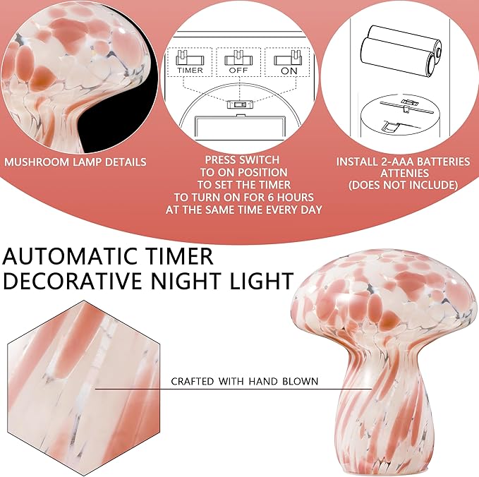 Mushroom Lamp Bedside Table Lamp, 7.0 inches, Semi Transparent Glass Table Lamp Suitable for Bedrooms, Living Rooms, Dining Rooms, Modern Style Aesthetic Cute Home Decoration (Light Purple)