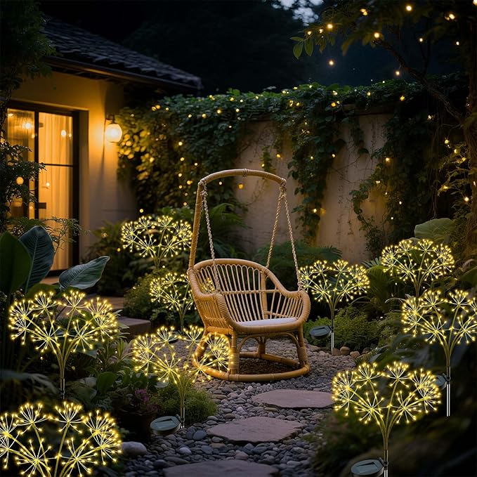 Solar Firework Lights Outdoor, 2 Pack Fairy Lights 160LED with 8 Modes, Warm White Solar Garden Lights for Yard Pathway Lawn Patio Landscape Decor (2pcs Flower Lanterns)