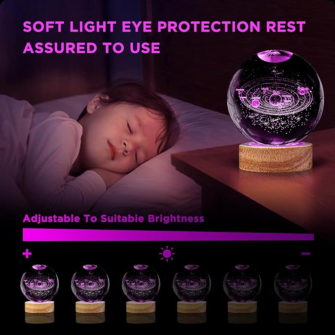 3D Solar System Crystal Ball Night Light 3.15 inch Galaxy Planet Glass Ball Lamp with 16 Color Change Wooden Base and Remote Control Astronomy Space Gifts for Kids Friend Birthday Christmas Room Decor
