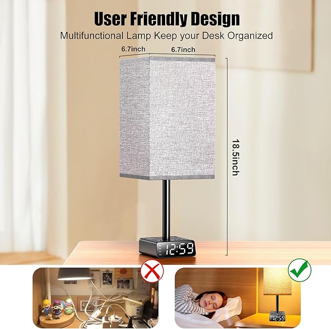 Yostyle Table Lamp with Alarm Clock Base, Bedside Lamp,2 USB & 1 AC Power Outlets, FM Radio & Speaker 6Ft Extension Cord - Square Black Fabric Lampshade,Touch Control Ideal for Bedrooms Living Rooms