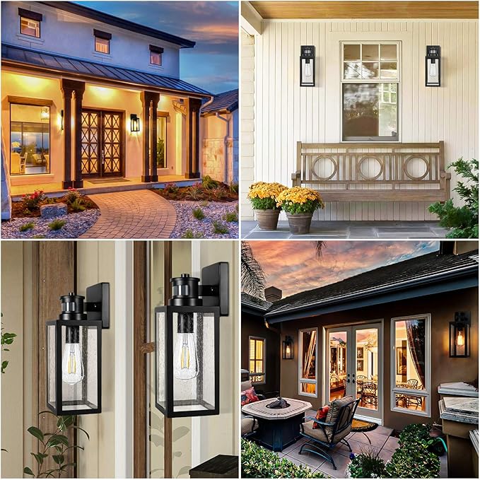 2-Pack Motion Sensor Outdoor Wall Lights, Upgraded Dusk to Dawn Exterior Wall Sconces Lanterns with Seeded Glass, Porch Light Fixtures Outside Lights for House Front Door Entryway Garage, Black