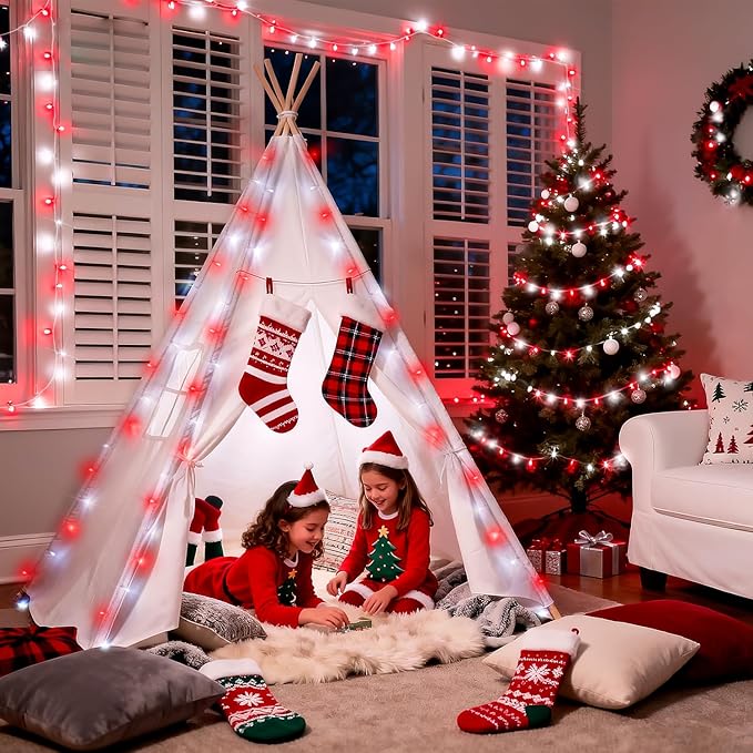 JMEXSUSS 2 Pack 100 LED Red and White Christmas Lights Outdoor, 8 Modes Connectable String Lights Indoor, LED Christmas Tree Lights Plug in for Xmas House Party Bedroom Decorations