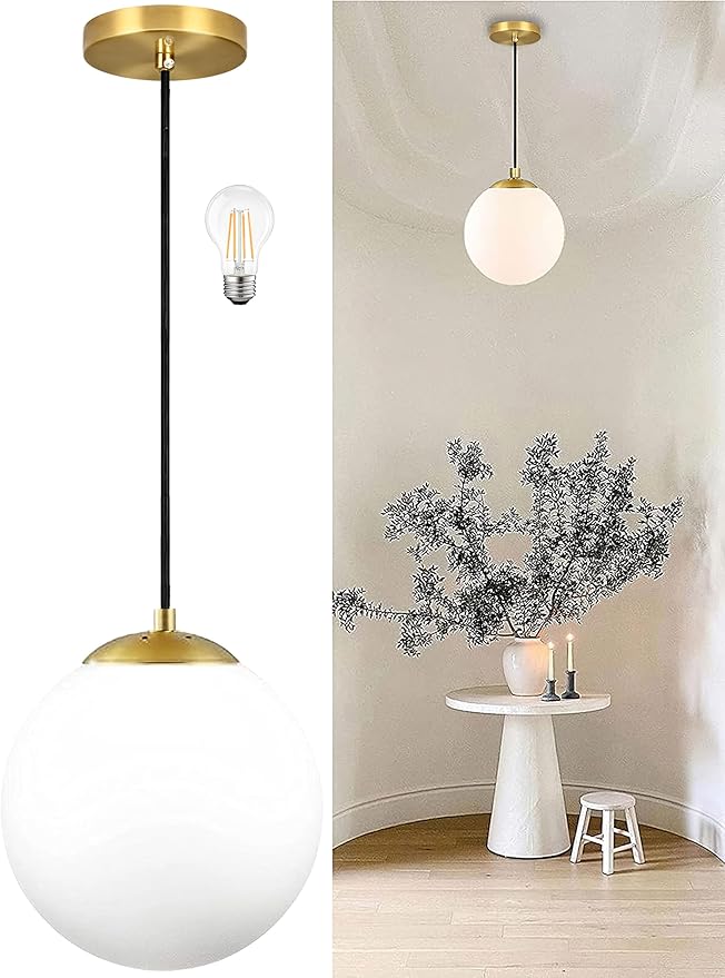 KoKo&Yukina 8 Inch Gold Modern Globe Pendant Light White Glass with Brass Finish Contemporary Mid Century Adjustable Hanging Light Fixture for Living Room Bedroom Bathroom Kitchen (Bulb Incl.)