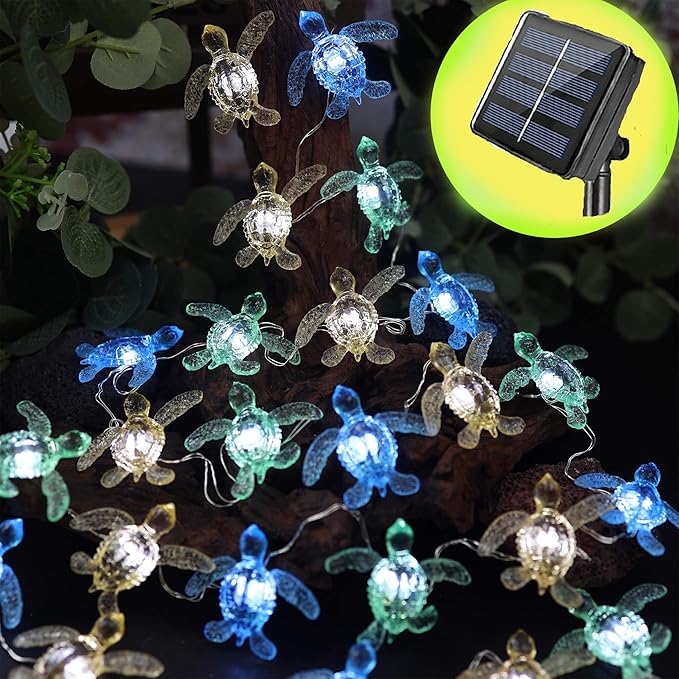Bartlett Beach Solar Lights Decorative Outdoor Waterproof Ocean Décor Nautical Cute Sea Turtles Balcony Lights 40LED 14ft for Tiki Bar Garden Yard Patio Fence Window Fountain Decoration