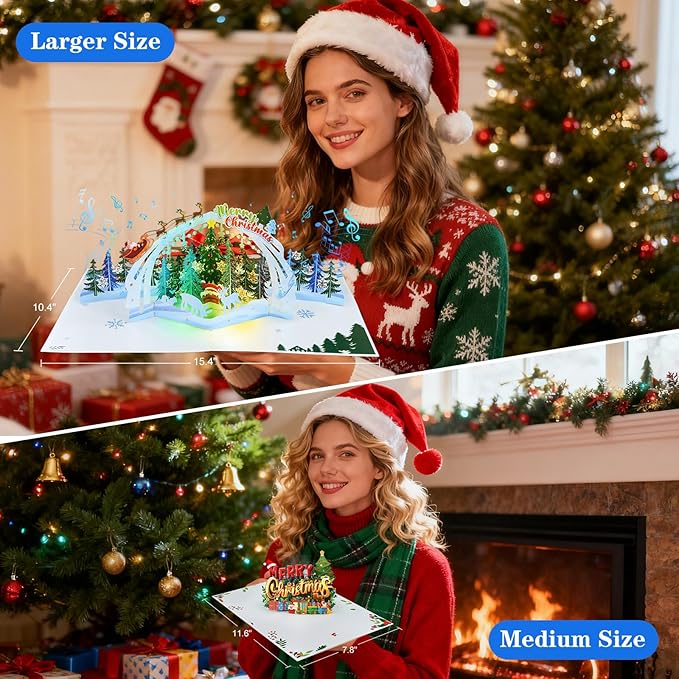 FaCraft Musical Christmas Cards, with Lights and Music, 15.4 x 10.4 inch Handmade 3D Large Pop Up Christmas Card, with Envelope Blank Insert and Seal for Winter Holidays New Year (Woodland)