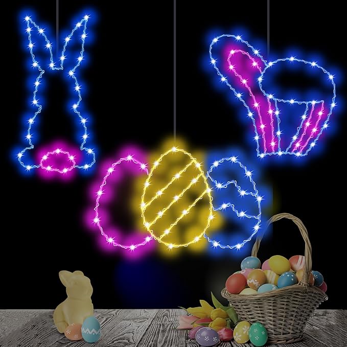 3 Packs Easter Decoration Lights, Hanging Easter Light Battery Operated with Timer & Remote, 62 LED Easter Bunny & Eggs Waterproof Window Lights - Indoor/Outdoor Decor