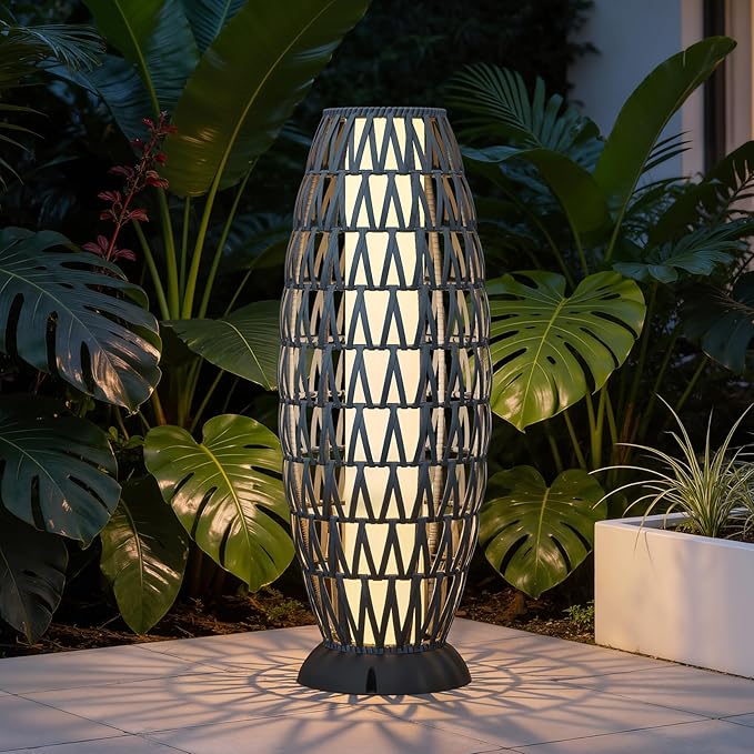 Solar Yard 2-Pack 29" Outdoor Solar-Powered Woven Wicker Boho Lantern Floor Lamp, Decoration for Deck Garden, Pathway, Oslo Silver Black