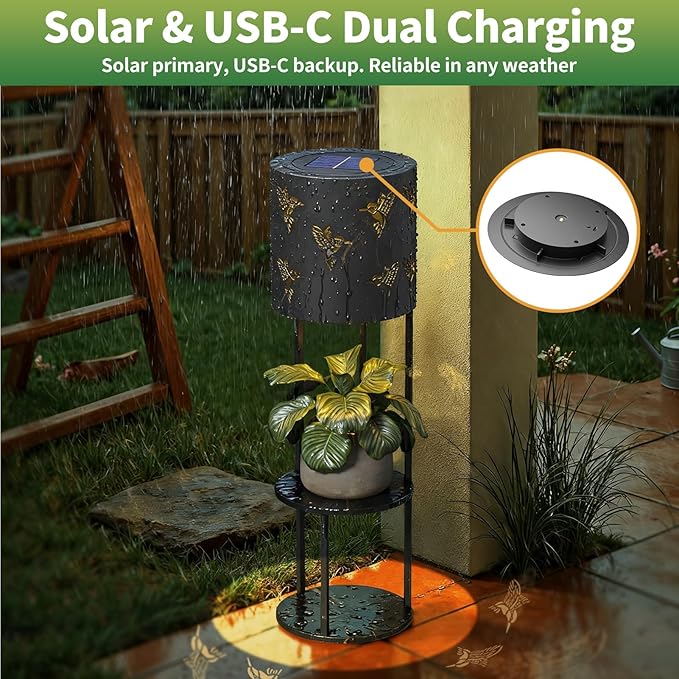 Solar Garden Plant Lights: Outdoor Waterproof Decorative Lamp with Flower Stand, Solar-Powered Yard Patio Outside Floor Decoration Lantern with Hummingbird Pattern for Festival Decor