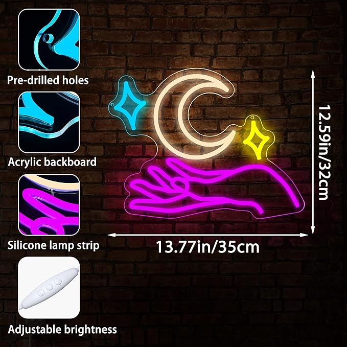 Moon Neon Signs for Wall Decor Star Neon Sign Hand LED Light Moon Wall Decor for Girls Bedroom Dimmable Purple Preppy Room Decorr Girly Decorations Gifts for Women Girls Size 13.8 * 12.6in(P034)