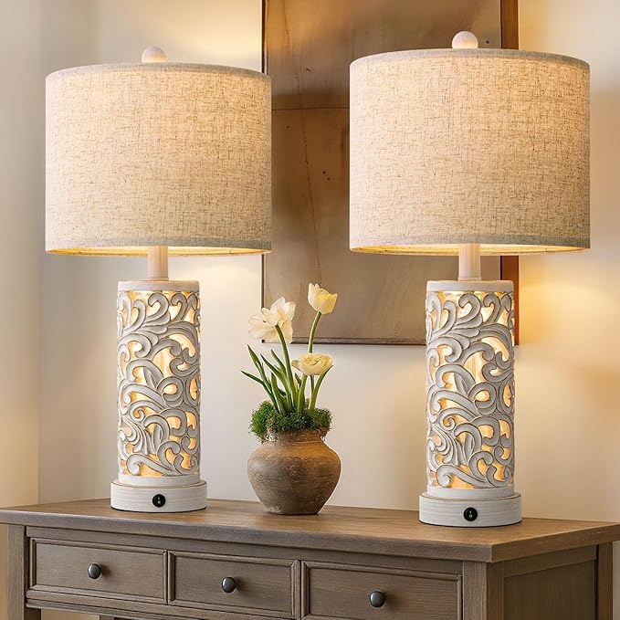 OYEARS 22'' Table Lamp Set of 2 for Living Room,Farmhouse Lamp for for Bedroom,Vintage Retro Bedside Lamps with USB Ports Linen Shade for Home Office (Wash White, Bulb Included)