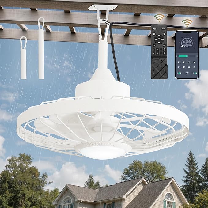 LEDIARY 20" Outdoor Ceiling Fan with Lights,IP65 Waterproof Gazebo Hanging Fan with Remote Control Smart App, Plug in Caged Ceiling Fan with 3CCT 6-Speeds for Patio Porch Pergola(White)