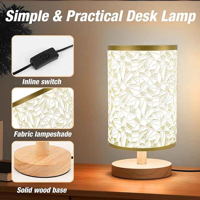 Desk Lamp LED Bulb Included, Small Bedside Table Lamp Plug-in - Classic Wood Base with Flaxen Fabric Shade, Lamps for Night Stands, Simple Nightstand Light for Bedroom, Office, Desk