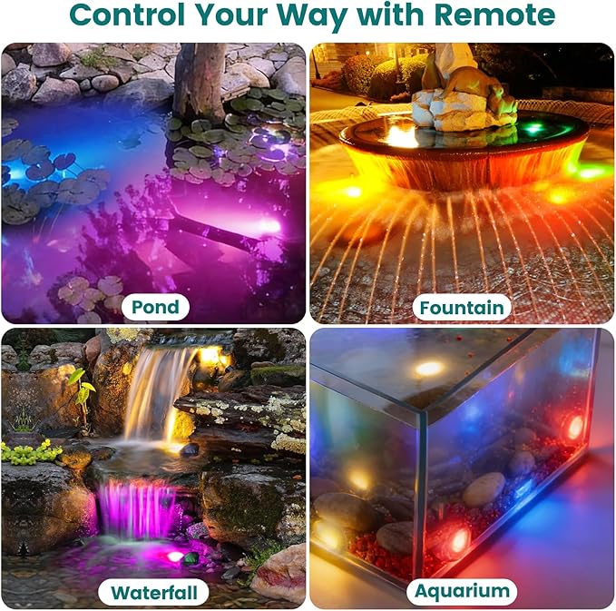 Pond Lights LED Underwater - Waterproof RGBW Fountain Lights Submersible Outdoor Waterfall Light Underwater Light with Transformer, Remote, Timer, Light Sensor for Ponds, Fountains