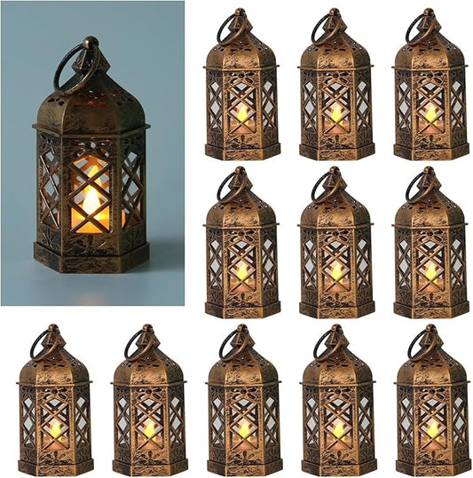 LLQ 12Pcs Mini Lantern for Centerpieces, Small Candle Lanterns Decorative Indoor, Vintage Hanging Moroccan Lantern for Halloween Decorations, Christmas Centerpieces for Tables, Wedding Table Decor
