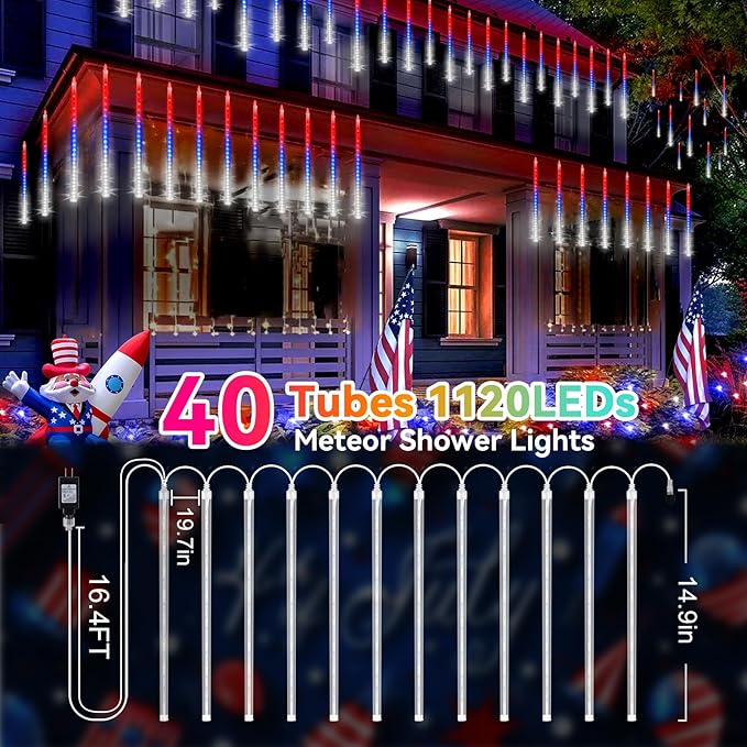 KNONEW 40 Tube 1120 LED Red White and Blue Lights 4th of July Decorations, Plug in Meteor Shower Lights Waterproof Outdoor Light for Independence Day House Tree Party Decor