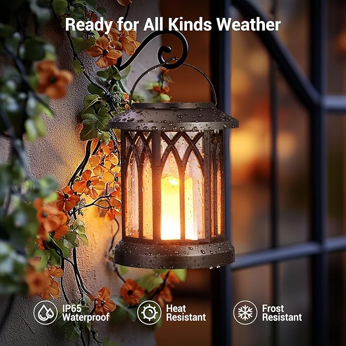 KOOPER 2 Pack Solar Lantern Outdoor Lights, Hanging Solar Lanterns Outdoor Waterproof, Lanterns Decorative Outdoor LED Flickering Flameless Candle Mission Lights for Yard Table Garden (Black)