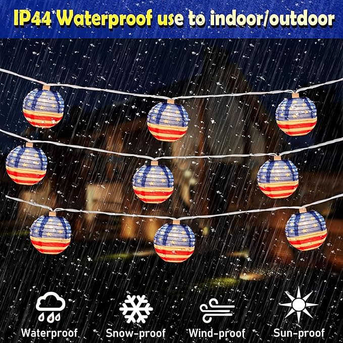 8.5Ft American Flag Lanterns String Lights Outdoor, 4th of July Decorations with 10 Nylon Mini Lanterns, Connectable Plug-in Red White Blue Lights for Independence Day Memorial Patriotic Party