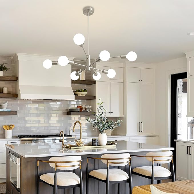 Brushed Nickel Chandeliers Modern Sputnik Chandelier 8-Light Mid Century Ceiling Lighting Fixture for Living Room, Kitchen, Bedroom, Dining Room, and Farmhouse