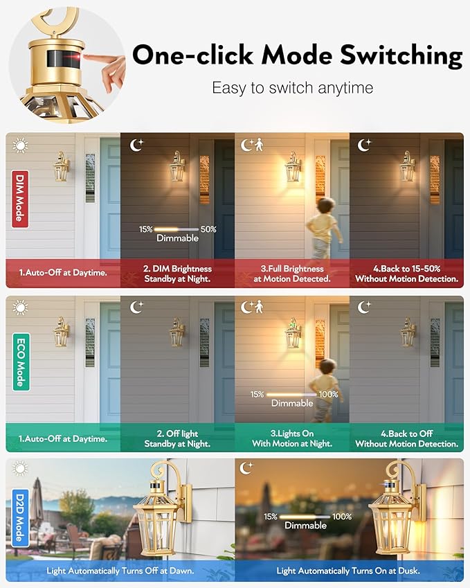 Motion Sensor Outdoor Wall Lights, 2-Pack Outdoor Porch Lights Wall Mount, Gold Exterior Wall Sconce Lantern, Anti-Rust Patio Wall Light Fixture, Outside Garage Lights, Adjustable Sensitivity