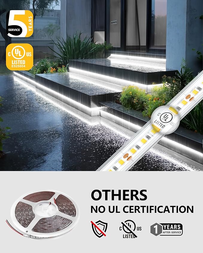 EMITEVER Outdoor LED Strip Lights Waterproof 5000K White, 16.4ft IP67 24V Tape Light UL Listed, 240+LM/ft, High Density 600LEDs, Lighting for Bathroom,Pool,Patio,Garden(Power Supply Not Included)
