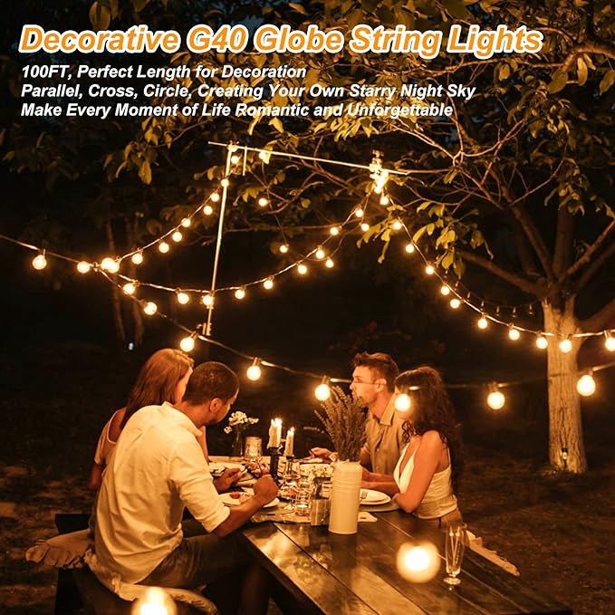 200ft(100*2) Outdoor G40 LED Globe String Lights Dimmable Waterproof Shatterproof Light Strings with 103 Bulbs Connectable Commercial Hanging Lights for Christmas Patio House Backyard Balcony Party