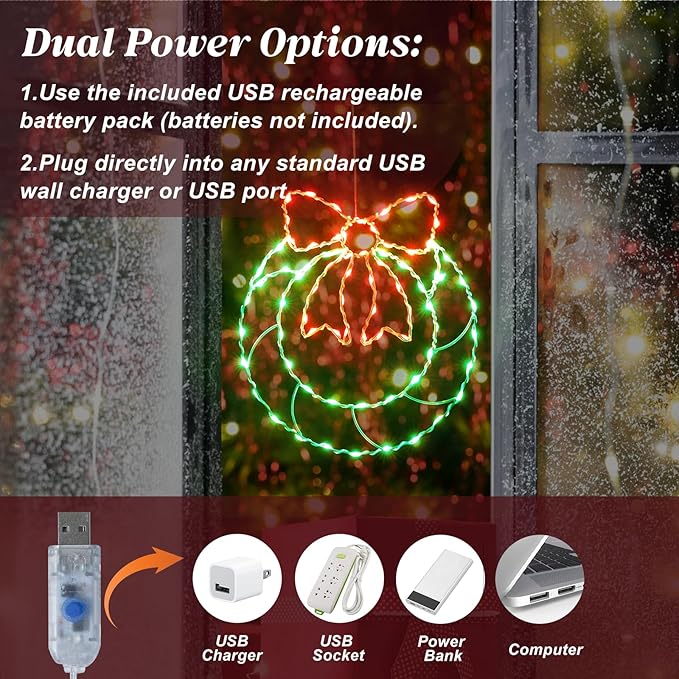 2 Packs Large Window Christmas Wreath Lights, Christmas Door Decorations with 160 LED Lights, Timer Remote Control USB and Battery Powered Home Decor, 8 Lighting Modes Party Decor