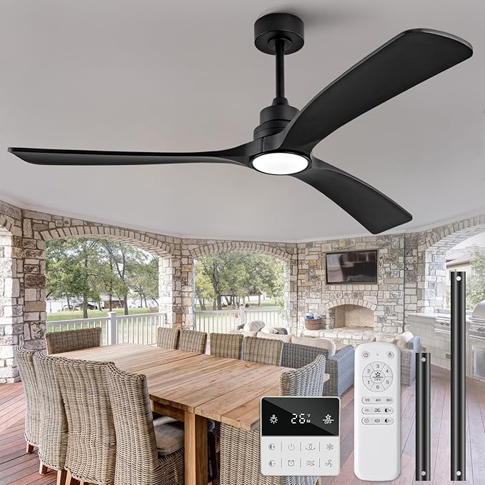 Ceiling Fan with Light,60 inch Solid Wood Ceiling Fan with Remote Control,Wall Switch,Dimmable,Reversible Quiet DC Motor,Power Off Memory Indoor Outdoor Ceiling Fans for Bedroom Patio