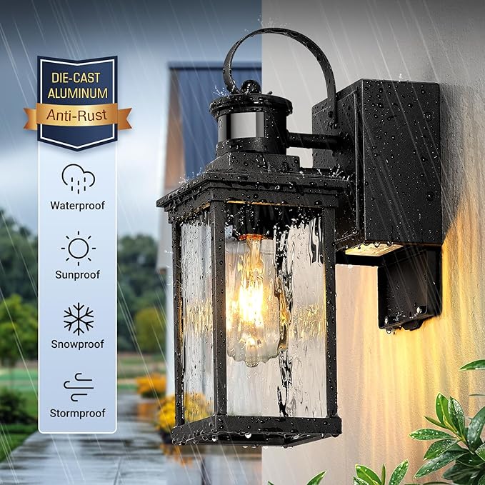 Black Outdoor Porch Light with GFCI Outlet, 2-Pack Modern Motion Sensor Exterior Garage Lighting Fixtures Wall Mount Lantern, Anti-Rust Waterproof Outdoor Sconce Lights for House, Coach, Patio