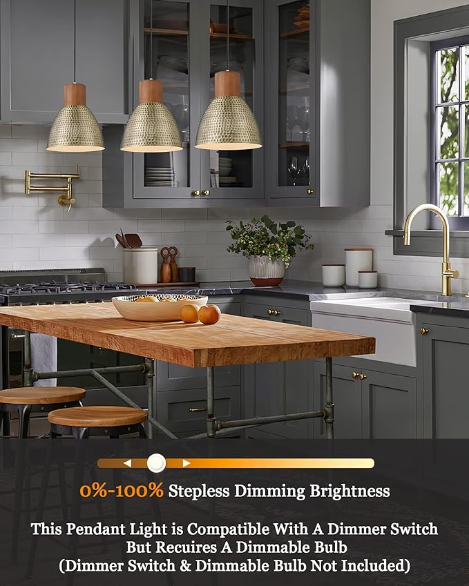 ELYONA Vintage Hammered Pendant Light Fixture, 7” Brushed Brass Metal Hanging Light Solid Wood Antique Gold Pendant Lamp for Kitchen Island, Farmhouse, Dining Room, Small, Adjustable Height