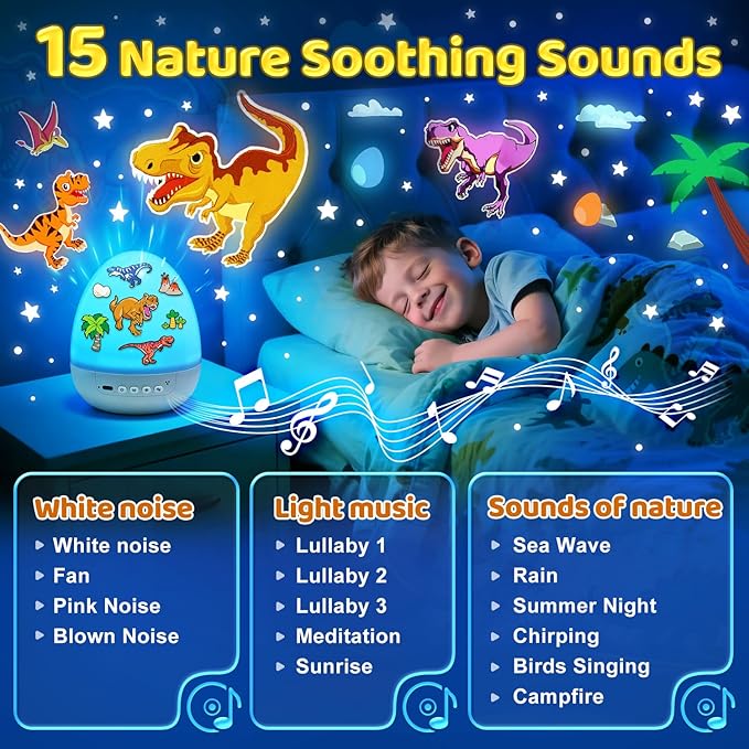Easter Egg Light for Nursery Sound Machine | 15 Sleeping Sounds+12HD Films+7 Colors+360°Rotating | Easter Gifts for Kids Primal Hatch Dinosaur Egg Night Light for Nursery Boy Toys Hatch Sound Machine