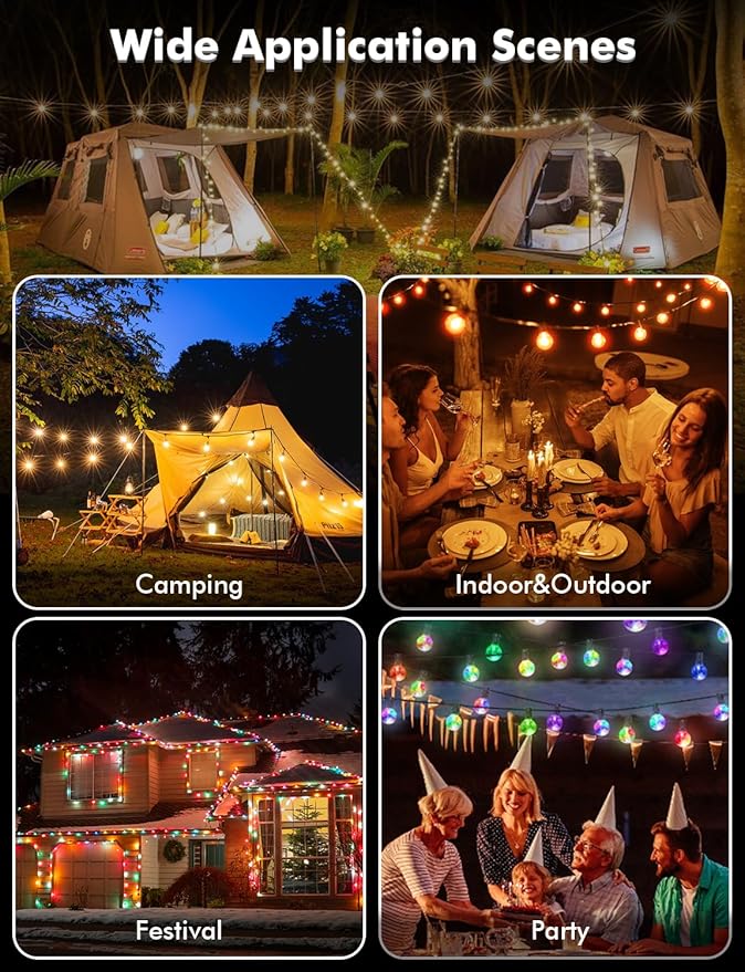 IKERY 100Ft Outdoor String Lights USB 5V RGB Globe Led Patio Lights with50 Shatterproof Bulbs,Waterproof Hanging Lights for Room Café Bistro Pergola Garden Backyard Halloween Christmas