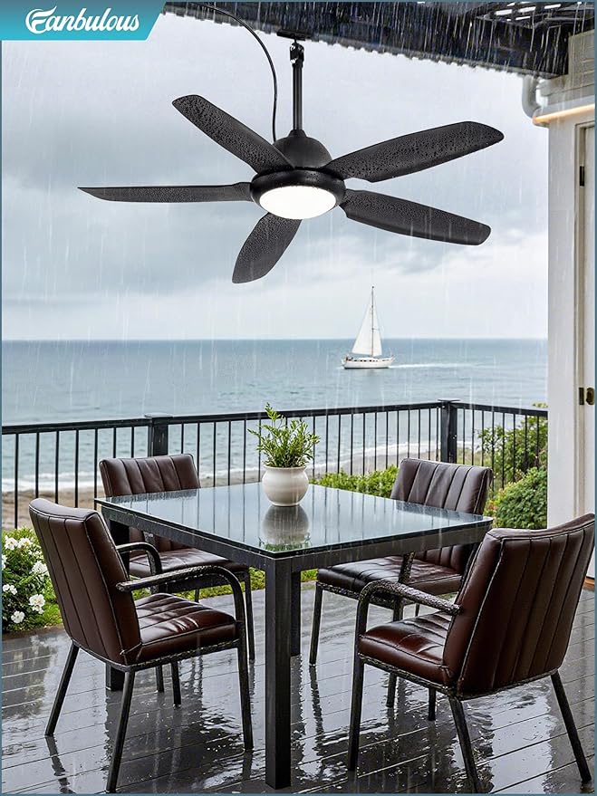 Fanbulous 52 Inch Waterproof Outdoor Ceiling Fan with Lights and Remote,IP65 Hanging Gazebo Fan with 3CCT 6-Speed DC Motor,Black Wet Rated Plug in Ceiling Fan with Cord for Patios Porch Pergola