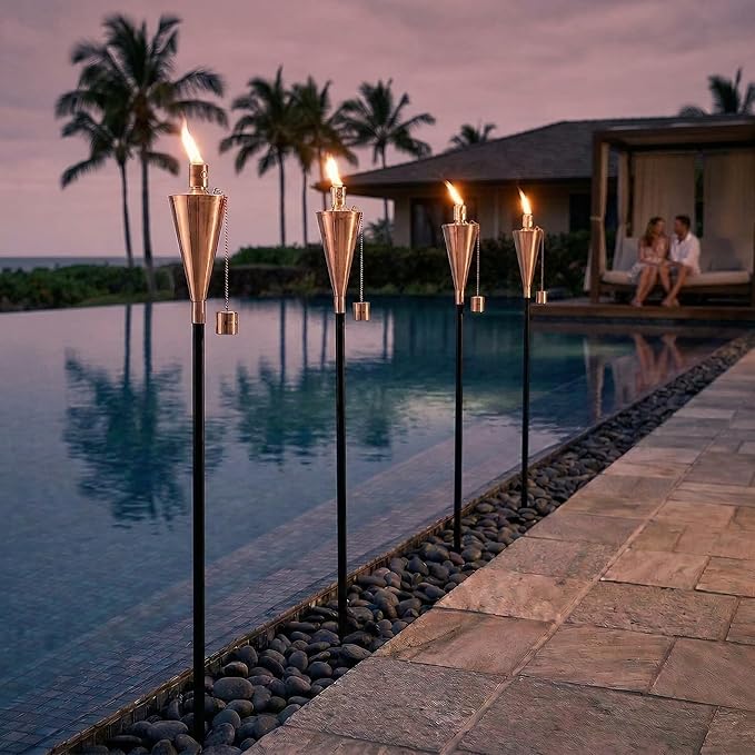 FAB BASED 55 Inch Outdoor Oil Torch Lamp–Set of 4 Pieces Rustproof Stainless Steel Citronella Torches, 12.17 oz, Includes Funnel & Fiberglass Wicks for Patio Garden Backyard (Rose Gold)