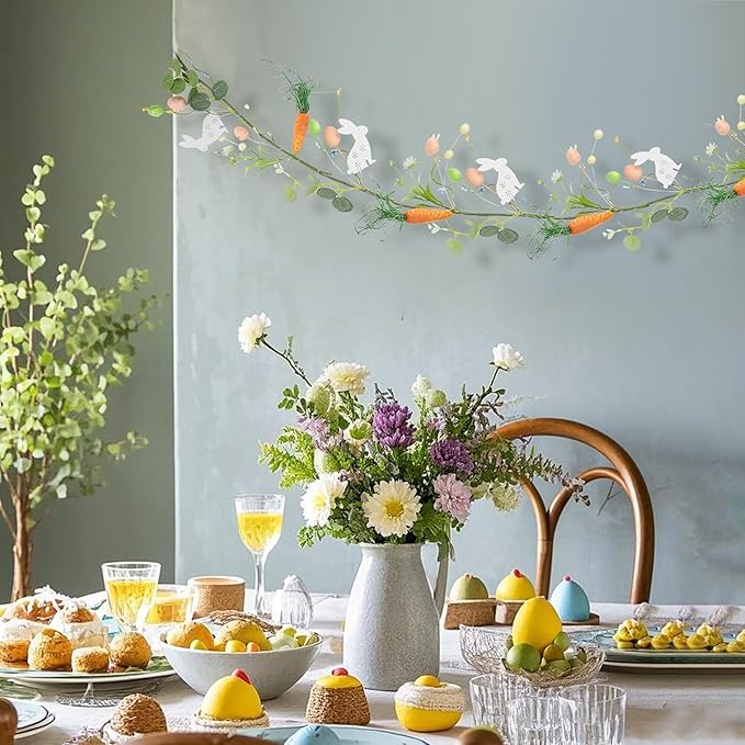 DR.DUDU 4 FT Easter Garland-Bunny & Carrot Garland Decorations for Mantle, Spring Artificial Garland with Easter Pastel Eggs for Indoor Home Fireplace Table Centerpiece Party Décor