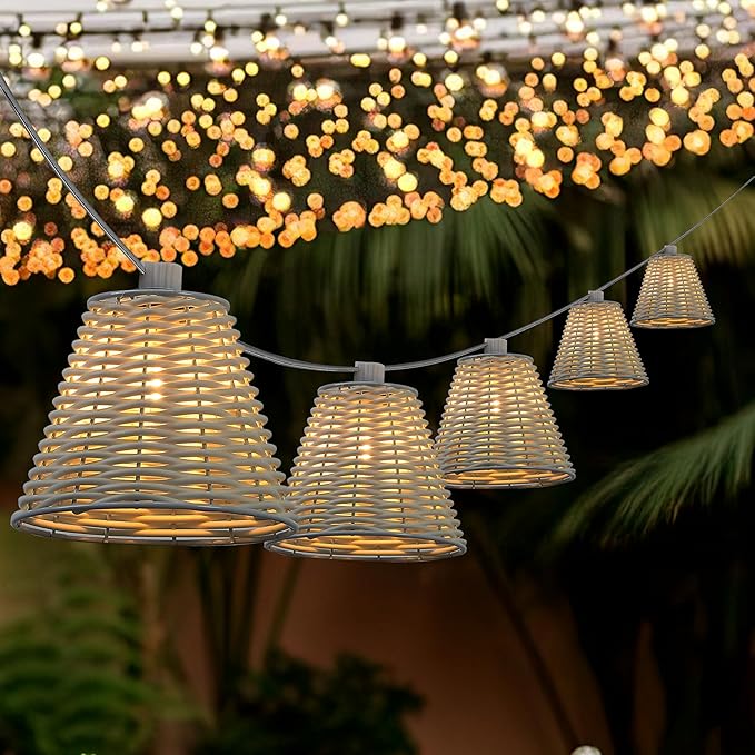 JONATHAN Y JYL8706B Payton 10-Light Indoor/Outdoor 10 ft. Classic Cottage LED G40 Faux-Rattan Shaded String Lights Coastal, Traditional, Farmhouse, Rustic, Patio, Porch, Backyard, White