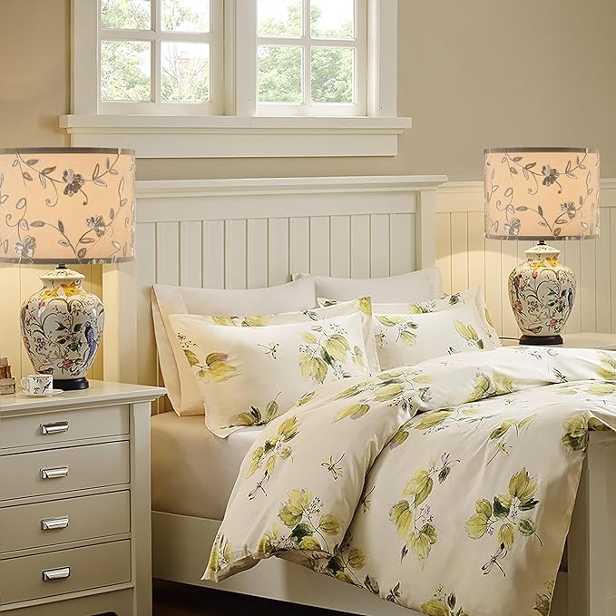 Creme Fabric Drum Lamp Shade with Embroidered Leaf Trim 13" Top x 13" Bottom x 10" High (Spider) Medium Lamp Shade for Table & Bedside Lamp Replacement Lampshades in Hand Crafted