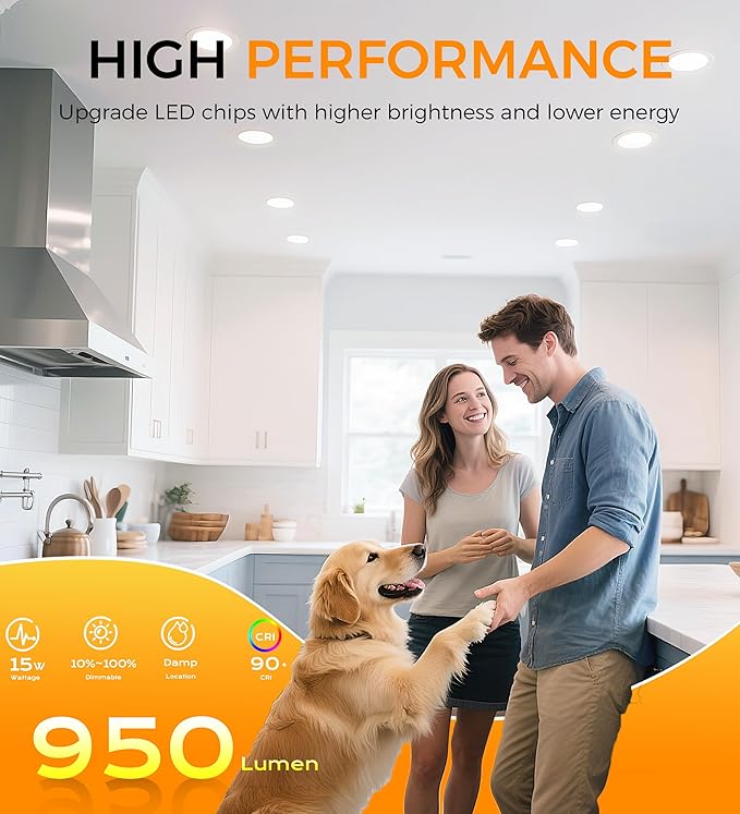 CLOUDY BAY 6 inch 3000K/ 4000K/ 5000K Selectable,Dimmable Recessed Lighting 15W CRI90+,Ultra Thin LED Recessed Light with Junction Box,IC Rated, Canless Wafer Downlight, Damp Location, White, 6 Pack
