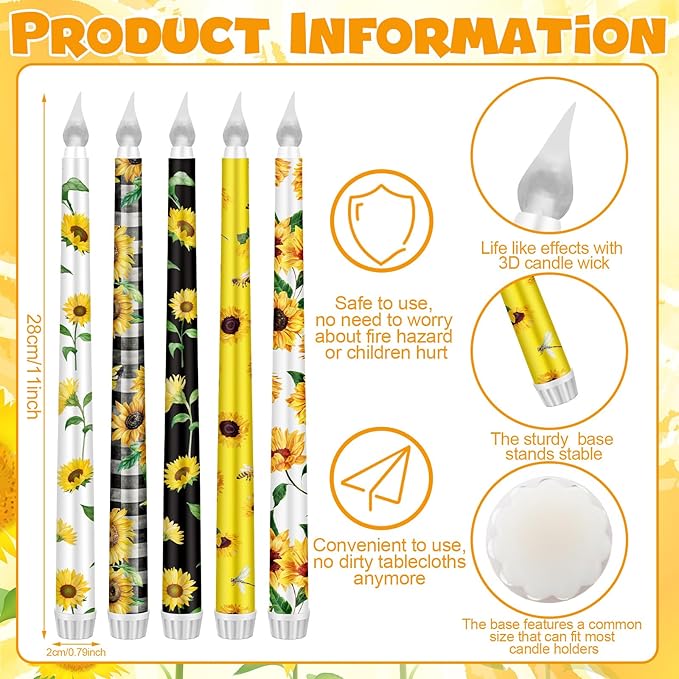 5 Pcs Sunflower Flameless Taper Candle Set Sunflower Gift for Women Floral LED Flameless Candles with Battery Operated Remote Seasonal Celebration Candles for Home Decor Holiday Spring Summer