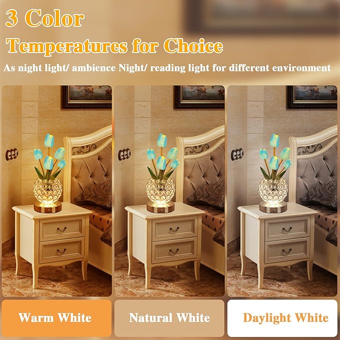 Birthday Gifts for Women/Mom Table Lamp, 3 Color Crystal Flower Bedside Lamps Infinitely Dimming with USB Charge Small Night Light,Nightstand Touch Lamp for Bedroom (u-BlueTulip)