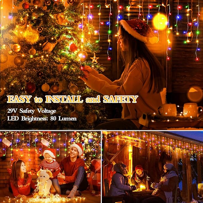 480 LED 49FT Christmas Lights Plug in 8 Modes with Timer Dimmable Ice Lights Outdoor Waterproof Indoor Ice String Lights for Roof Porch Garden Holiday Wedding Xmas Decor (Multicolor)