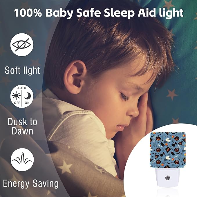 Retro Halloween Elements Night Light Plug into Wall, Spooky Ghost Pumpkin Bat Full Moon Dusk to Dawn Night Light,0.5w Energy Saving Sleep Friendly Nightlights for Kids Boys Girls Home Decor