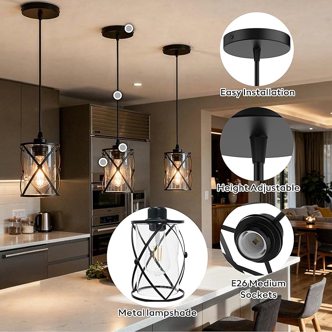 3 Light Pendant Lighting, Farmhouse Hanging Light Fixture for Kitchen Island & Dining Room, Industrial Vintage Ceiling Lamp with E26 Base, Adjustable Height, Matte Black with Glass Shades
