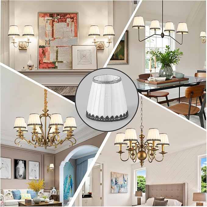 6 Pack White Linen Pleated Empire Clip-On Lampshades, 5.5" Top x 3.6" Bottom x 5.2" Height, Small Lamp Shades for Chandelier, Candle Wall Light Replacement