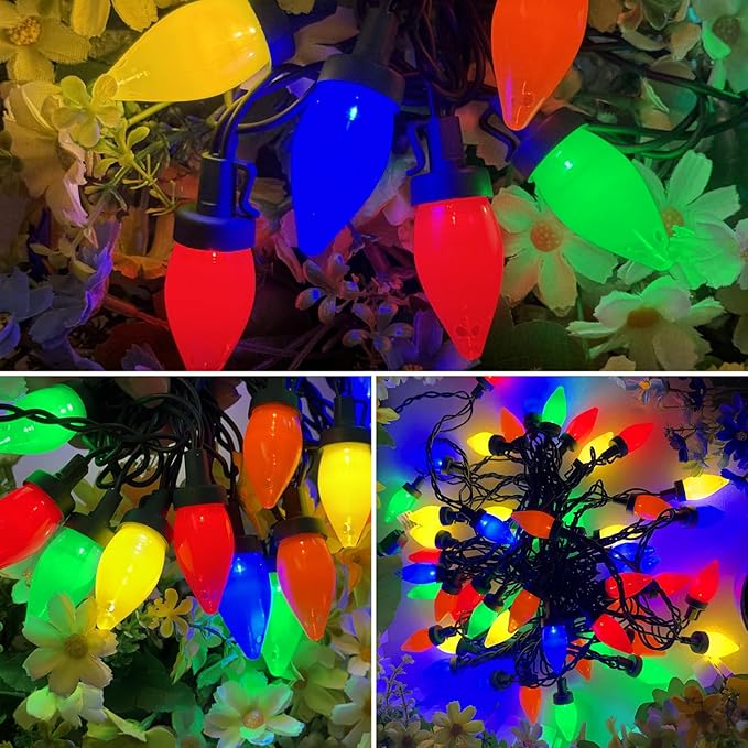 26.4Ft - 50 LED Bulbs Multicolor C7 LED Christmas Lights Outdoor Big Bulb Colored Christmas Tree Lights, Plug in Colorful C7 String Lights for Multicolored Indoor Outdoor Xmas Decorations, 0.6W = 7W
