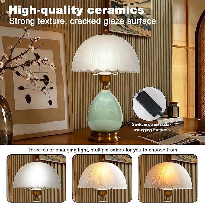 Ceramic Table Lamp – Chinese Traditional Green Bedside Lamp with 3-Color Dimmable LED, Retro Modern Living Room Bedroom